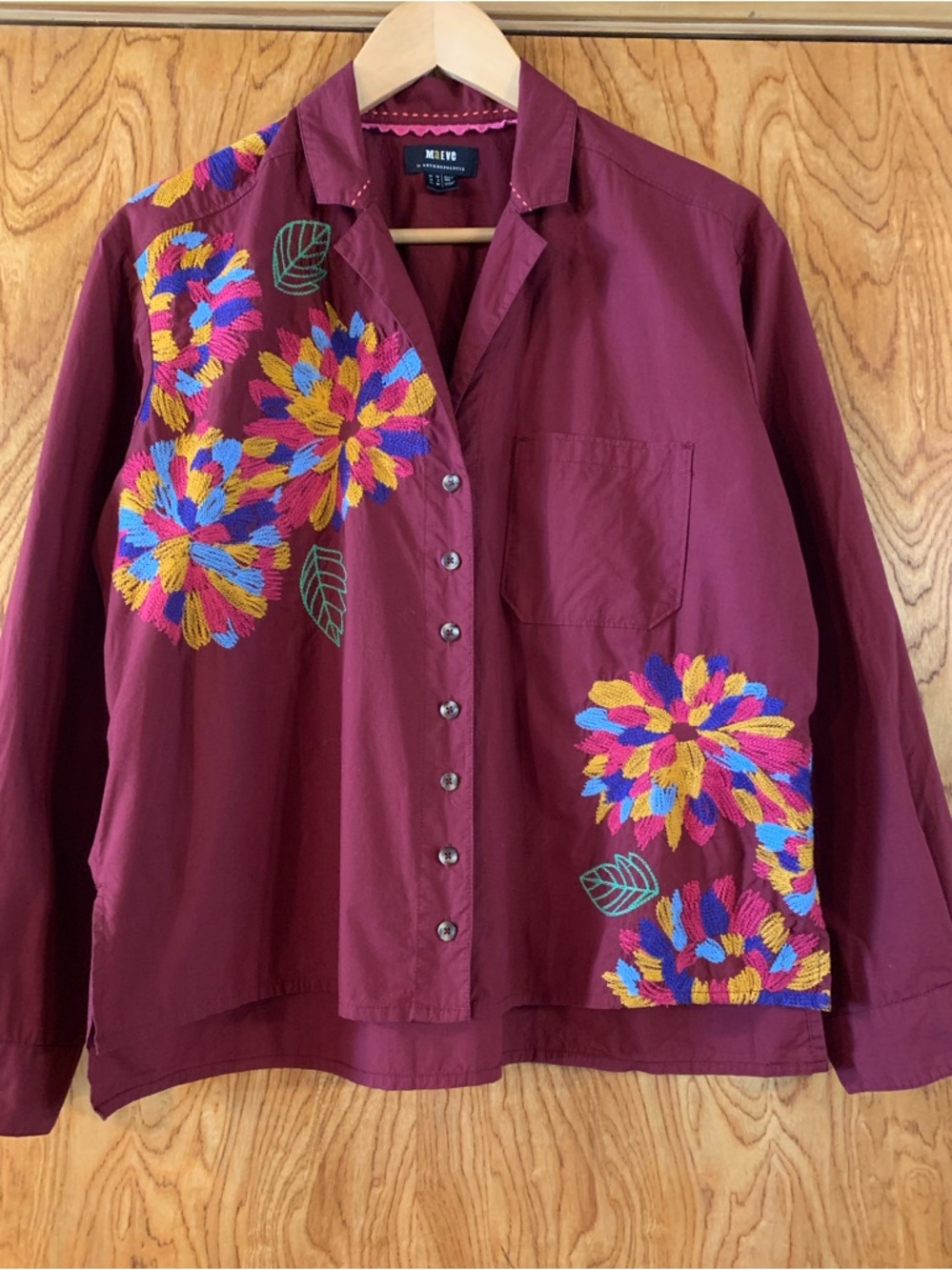 Maeve by Anthropology Wine Button-Down Shirt with Multicolor Floral Embroidery